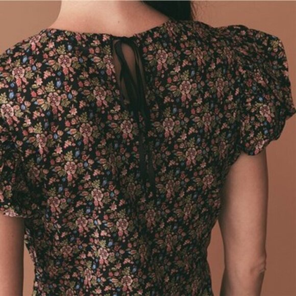 💕DÔEN💕 Rhodia Dress ~ Puff Sleeve A-Line Maxi Noir Forest Floral Print XL NWOT - Picture 4 of 16